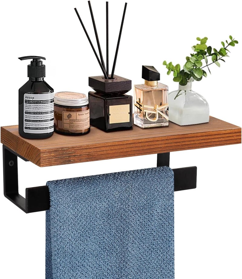 Winmien Hand Towel Holder/Towel Ring with Wooden Shelf, Hand Towel Rack, Hand Towel Hanger for Bathroom, Bath Accessories Wall Mounted, Matte Black (9"-Squ Shaped) - Image 1